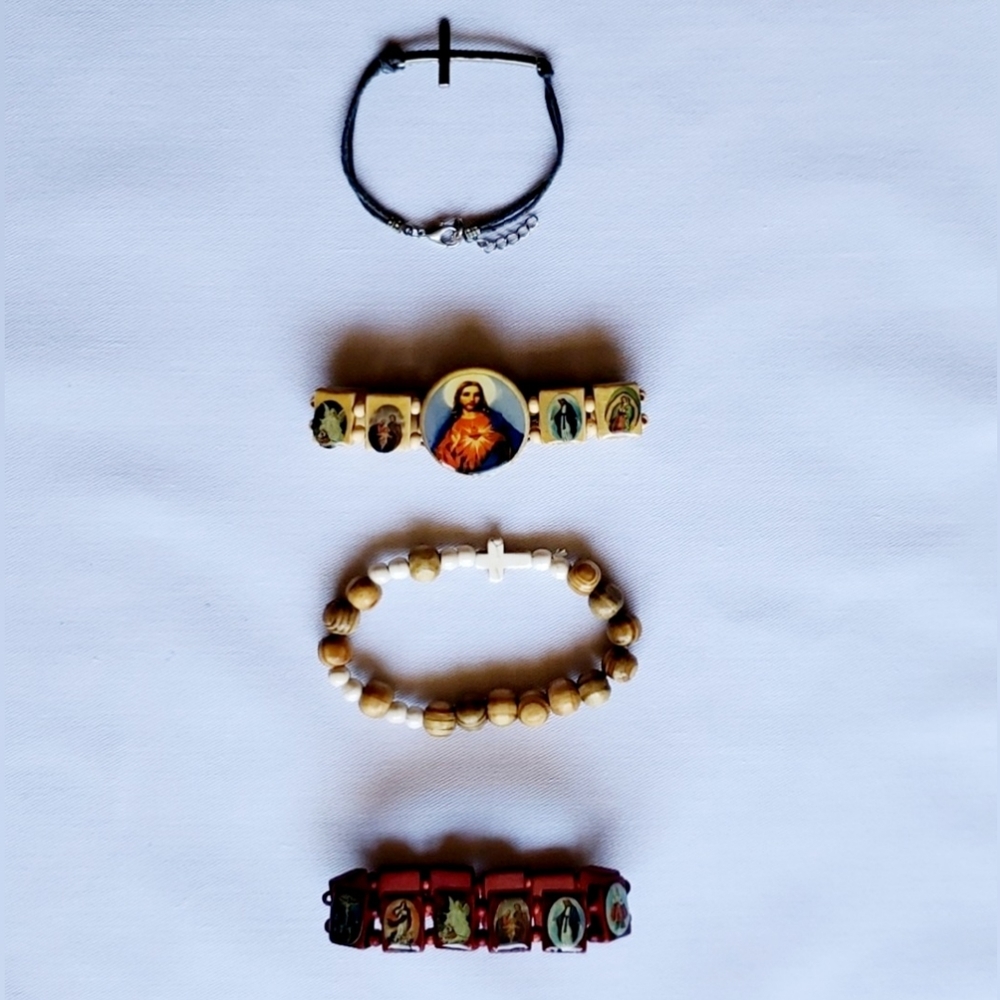 Christian Catholic Cross and Jesus Virgin Mary Saints Bracelets Wooden, Lot of 4